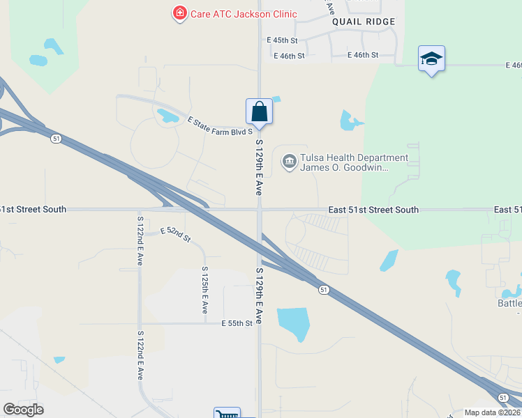 map of restaurants, bars, coffee shops, grocery stores, and more near 12880 East 51st Street in Tulsa