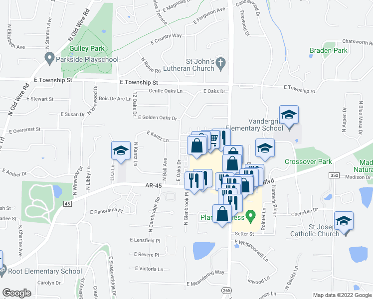 map of restaurants, bars, coffee shops, grocery stores, and more near 2124 E Oaks Dr in Fayetteville