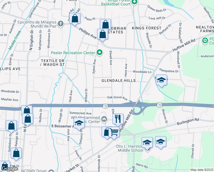 map of restaurants, bars, coffee shops, grocery stores, and more near 3805 Peterson Avenue in Greensboro