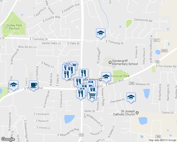 map of restaurants, bars, coffee shops, grocery stores, and more near 2130 North Box Avenue in Fayetteville