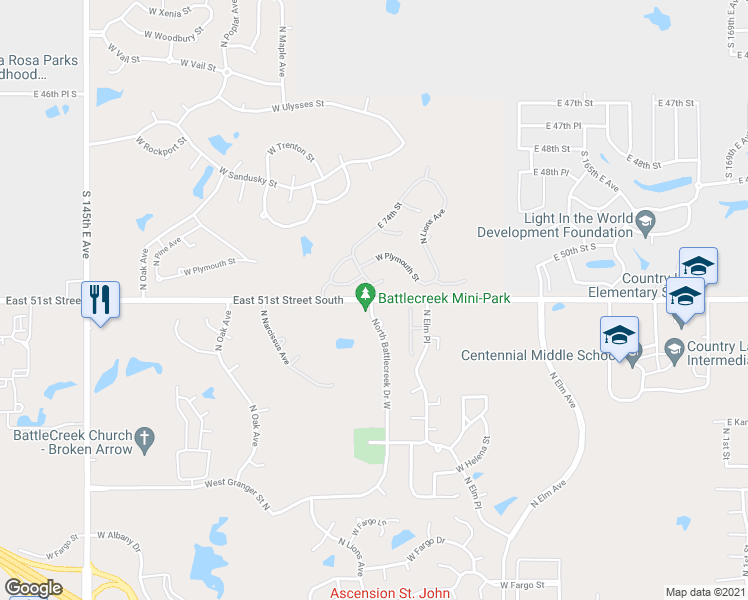 map of restaurants, bars, coffee shops, grocery stores, and more near 3000 North Battle Creek Drive in Broken Arrow