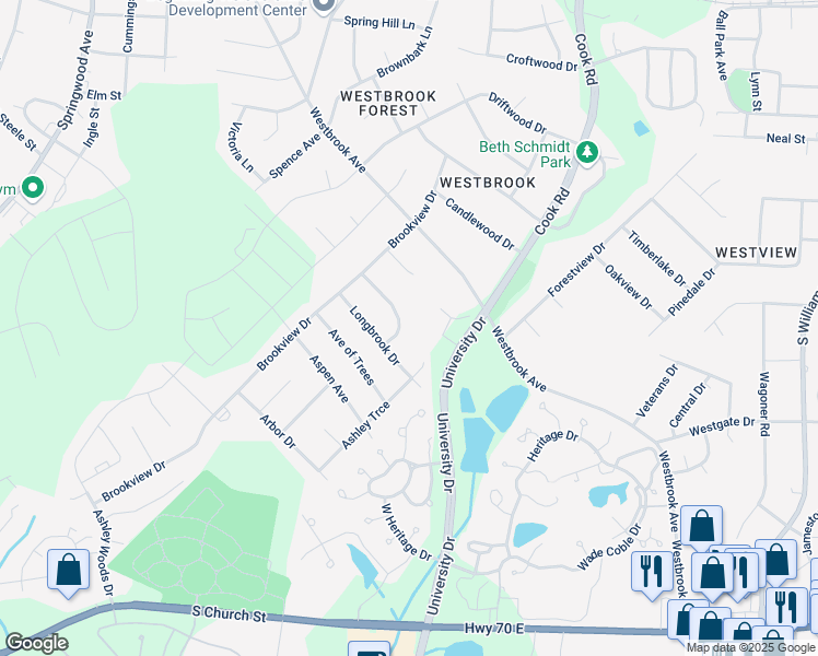 map of restaurants, bars, coffee shops, grocery stores, and more near 113 Running Brook Drive in Elon