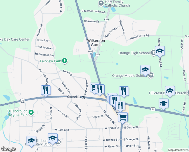 map of restaurants, bars, coffee shops, grocery stores, and more near 300 North Carolina 86 in Hillsborough