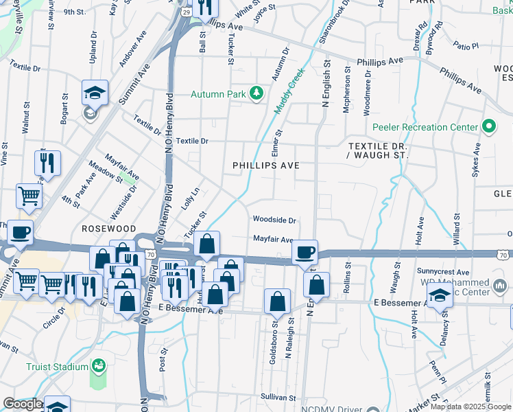 map of restaurants, bars, coffee shops, grocery stores, and more near 1904 Taylor Street in Greensboro