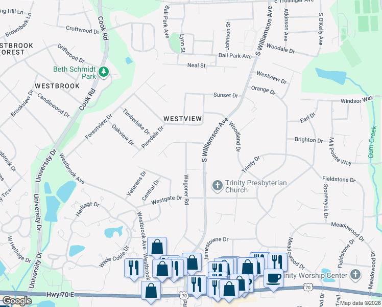 map of restaurants, bars, coffee shops, grocery stores, and more near 705 Wagoner Road in Elon