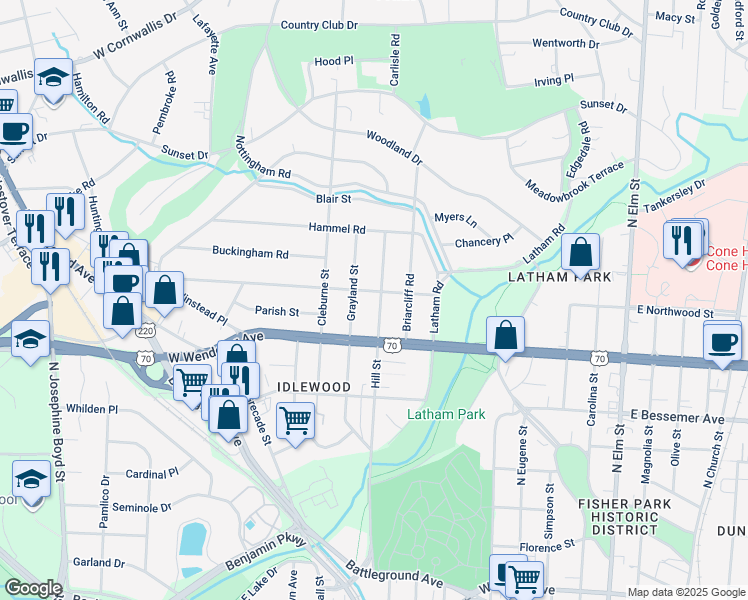 map of restaurants, bars, coffee shops, grocery stores, and more near 1117 Hill Street in Greensboro