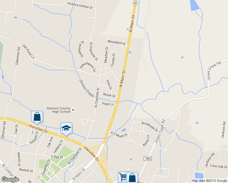 map of restaurants, bars, coffee shops, grocery stores, and more near 102 June Drive in Dickson