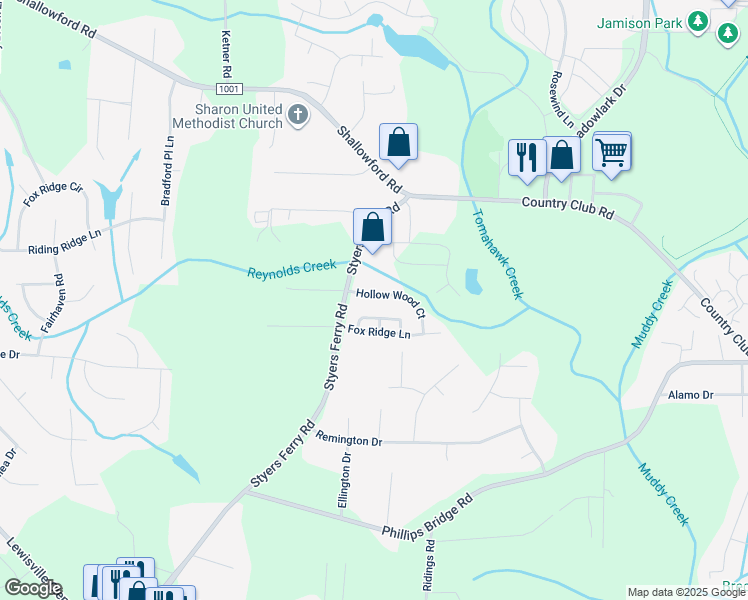 map of restaurants, bars, coffee shops, grocery stores, and more near 5974 Hollow Wood Court in Winston-Salem