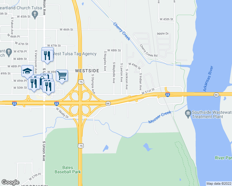 map of restaurants, bars, coffee shops, grocery stores, and more near 4967 South Maybelle Avenue in Tulsa