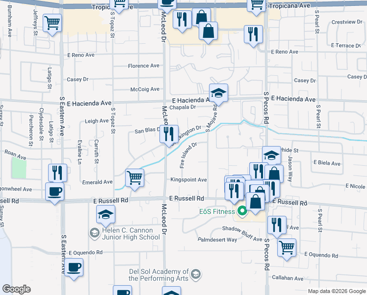 map of restaurants, bars, coffee shops, grocery stores, and more near 5517 Fire Island Dr in Las Vegas