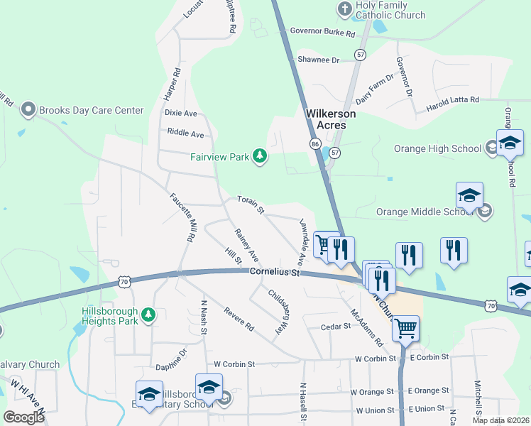 map of restaurants, bars, coffee shops, grocery stores, and more near 176 Torain Street in Hillsborough