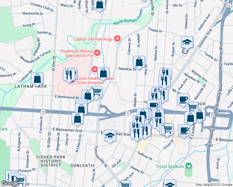 map of restaurants, bars, coffee shops, grocery stores, and more near in Greensboro