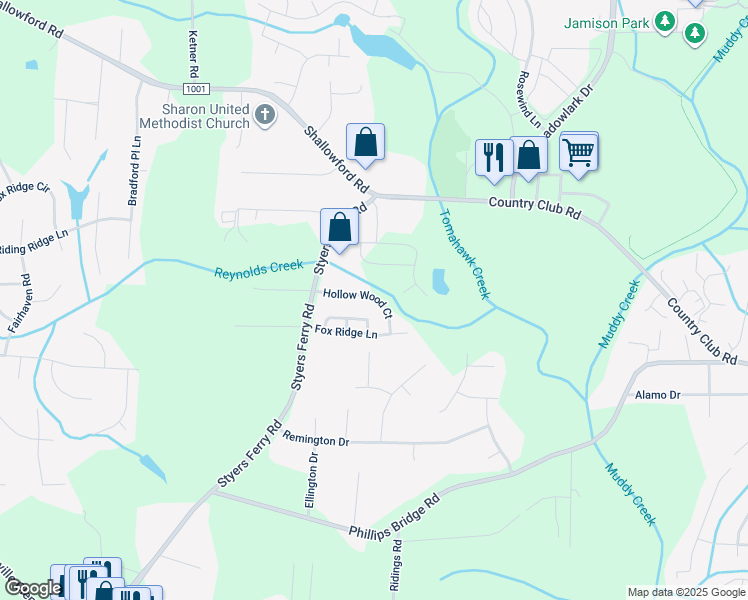 map of restaurants, bars, coffee shops, grocery stores, and more near 5930 Hollow Wood Court in Winston-Salem