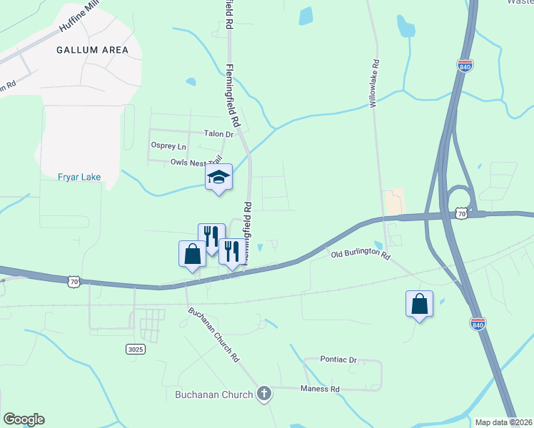 map of restaurants, bars, coffee shops, grocery stores, and more near 3604 Ambergate Way in Greensboro