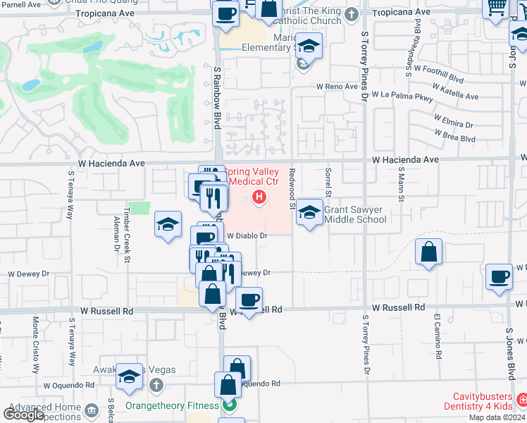 map of restaurants, bars, coffee shops, grocery stores, and more near 5400 South Rainbow Boulevard in Las Vegas