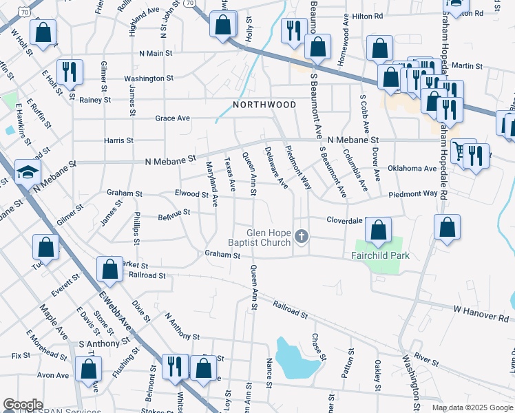 map of restaurants, bars, coffee shops, grocery stores, and more near 606 Queen Ann Street in Burlington