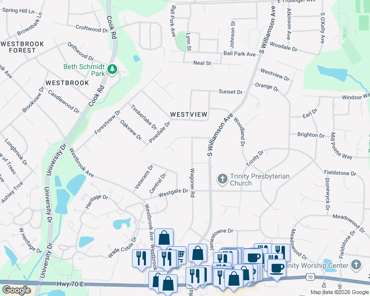 map of restaurants, bars, coffee shops, grocery stores, and more near 705 Wagoner Road in Elon