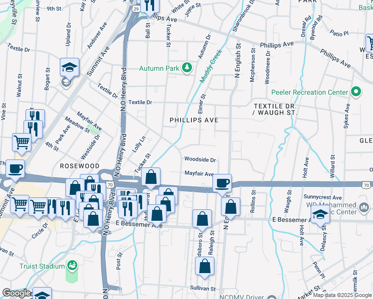 map of restaurants, bars, coffee shops, grocery stores, and more near 1904 Taylor Street in Greensboro