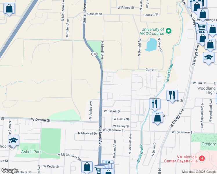 map of restaurants, bars, coffee shops, grocery stores, and more near 2070 Garland Avenue in Fayetteville