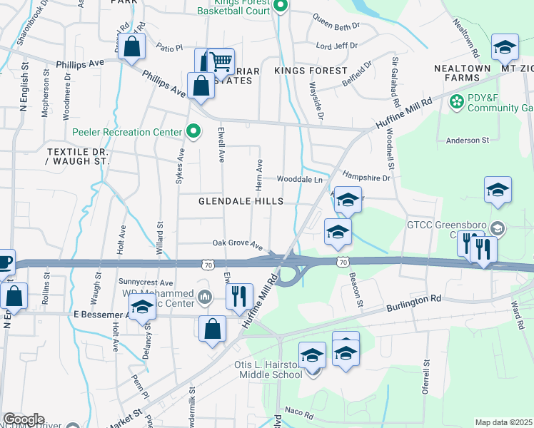 map of restaurants, bars, coffee shops, grocery stores, and more near 927 Foushee Street in Greensboro