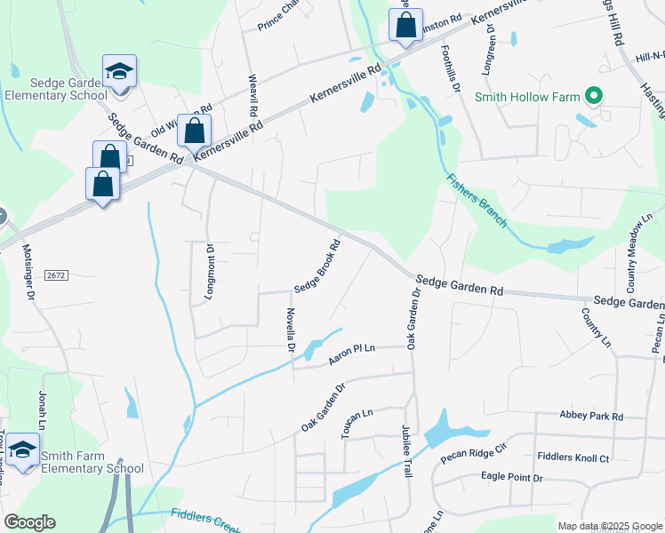 map of restaurants, bars, coffee shops, grocery stores, and more near 5171 Sedge Brook Road in Kernersville