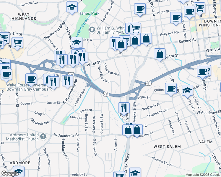 map of restaurants, bars, coffee shops, grocery stores, and more near 120 Crafton Street in Winston-Salem