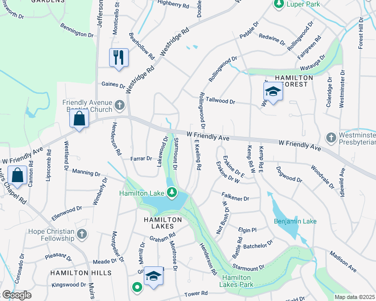 map of restaurants, bars, coffee shops, grocery stores, and more near 119 East Keeling Road in Greensboro
