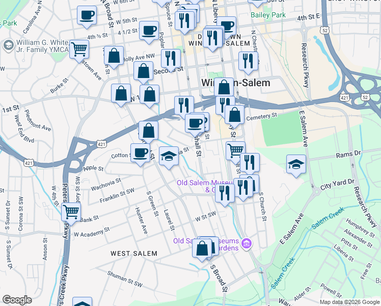 map of restaurants, bars, coffee shops, grocery stores, and more near 155 Tar Branch Court in Winston-Salem