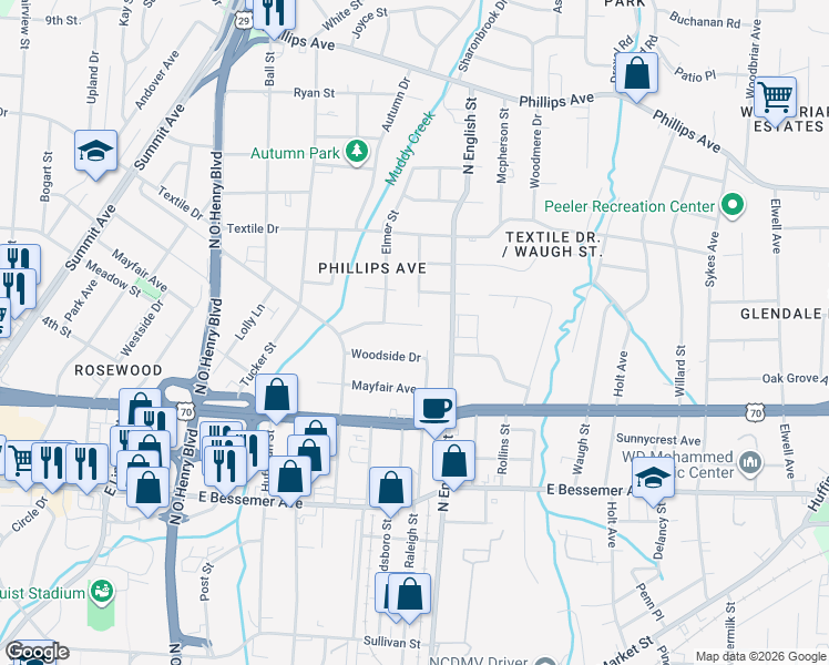 map of restaurants, bars, coffee shops, grocery stores, and more near 1926 Taylor Street in Greensboro