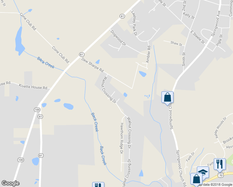 map of restaurants, bars, coffee shops, grocery stores, and more near 107 Oak Knoll Drive in Gibsonville