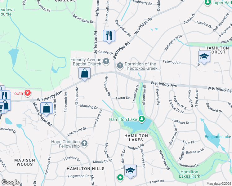map of restaurants, bars, coffee shops, grocery stores, and more near 1303 Lakewood Drive in Greensboro