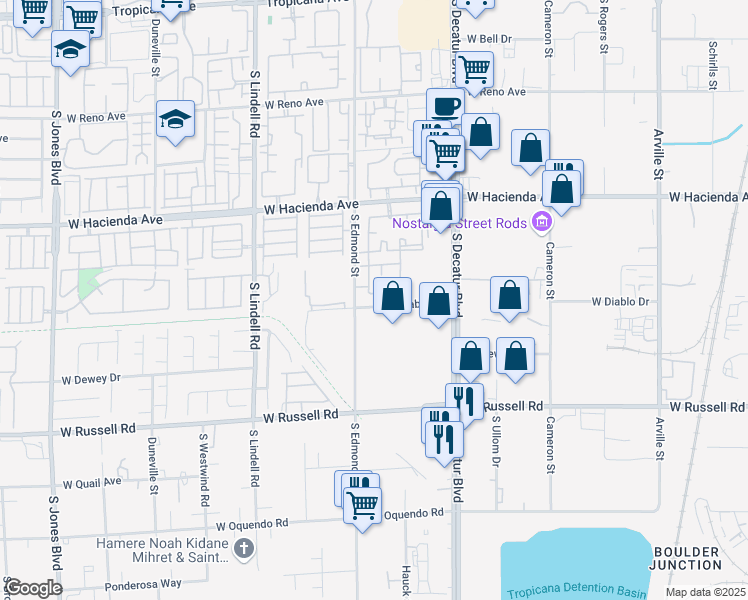 map of restaurants, bars, coffee shops, grocery stores, and more near 5055 West Hacienda Avenue in Las Vegas