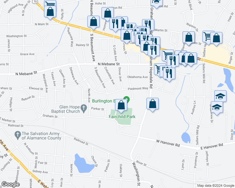 map of restaurants, bars, coffee shops, grocery stores, and more near 1417 Piedmont Way in Burlington