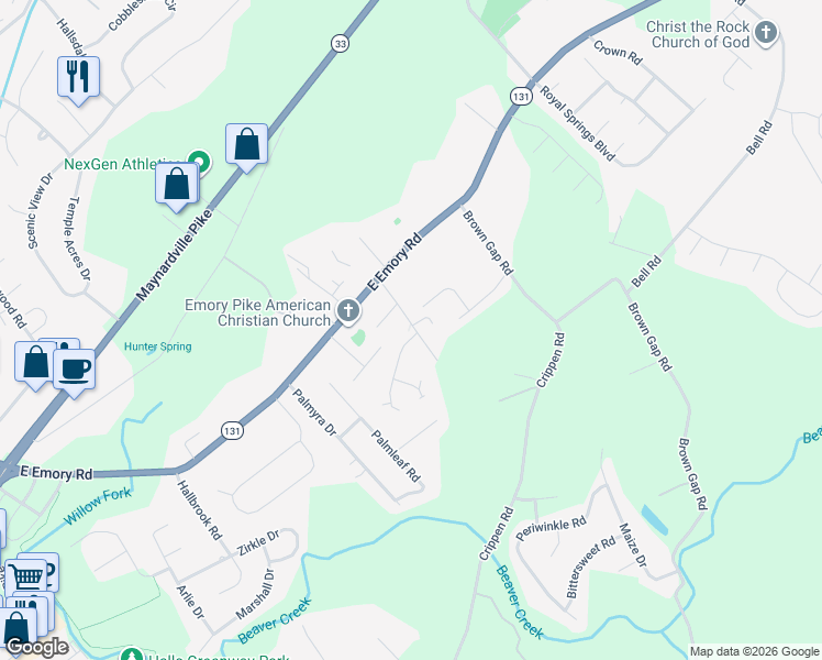 map of restaurants, bars, coffee shops, grocery stores, and more near 7416 Thomas Lane in Knoxville
