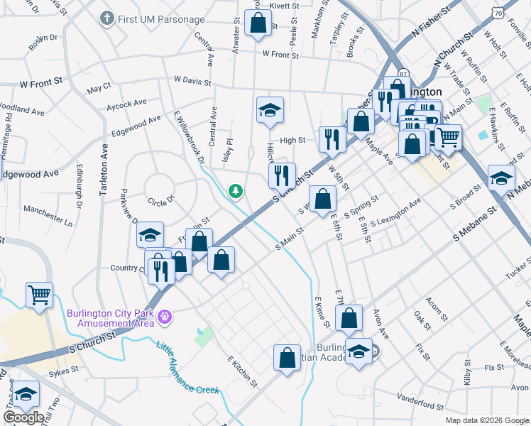 map of restaurants, bars, coffee shops, grocery stores, and more near 1032 South Church Street in Burlington