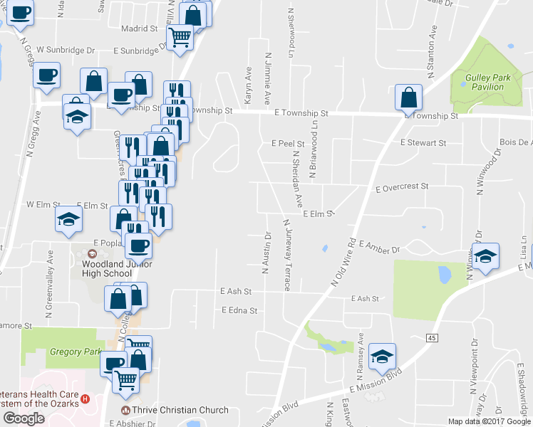 map of restaurants, bars, coffee shops, grocery stores, and more near 801 East Elm Street in Fayetteville
