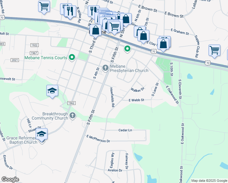 map of restaurants, bars, coffee shops, grocery stores, and more near 503 Hawfields Road in Mebane