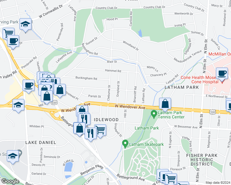 map of restaurants, bars, coffee shops, grocery stores, and more near 1117 Grayland Street in Greensboro