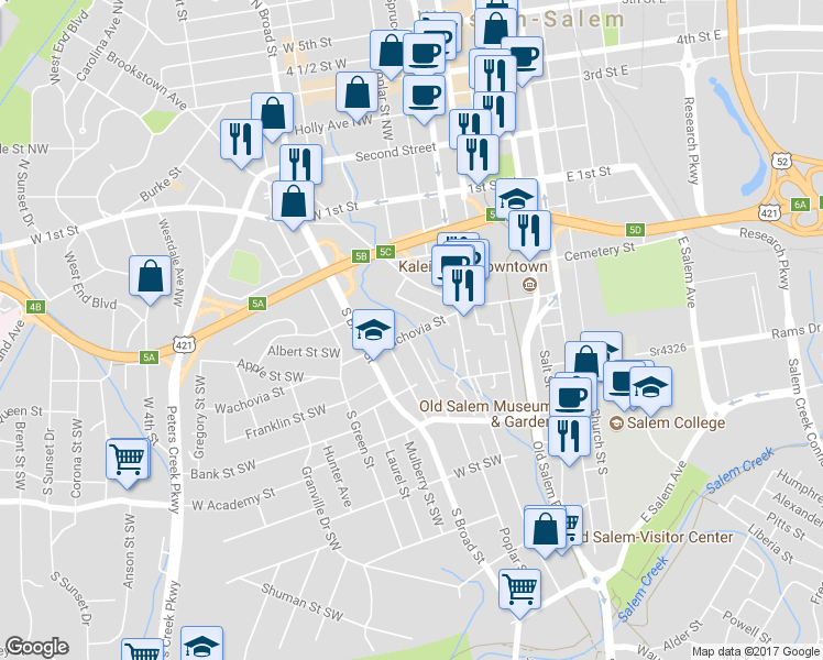 map of restaurants, bars, coffee shops, grocery stores, and more near 443 Wachovia Street in Winston-Salem