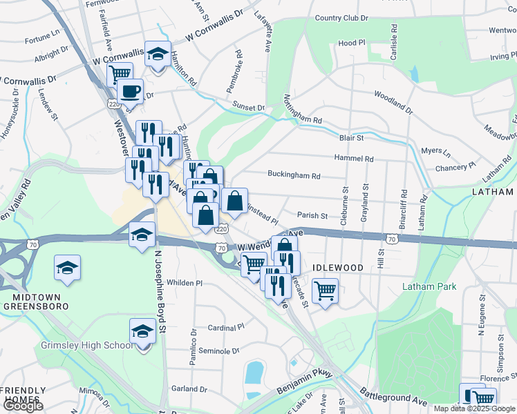 map of restaurants, bars, coffee shops, grocery stores, and more near 1316 Winstead Place in Greensboro