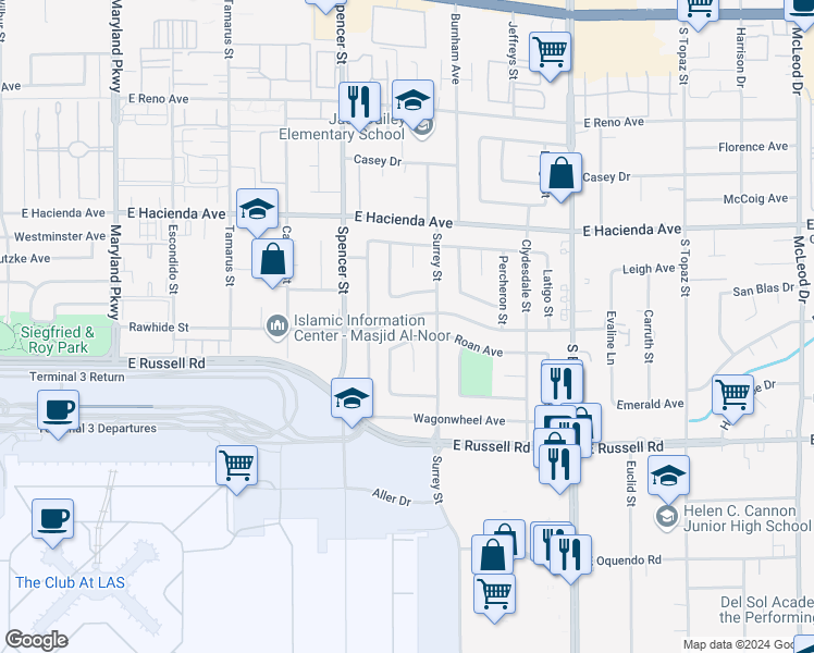 map of restaurants, bars, coffee shops, grocery stores, and more near 1963 Rawhide Street in Las Vegas