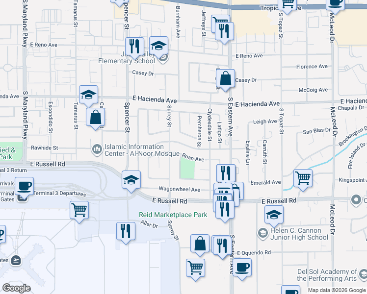 map of restaurants, bars, coffee shops, grocery stores, and more near 2095 Roan Avenue in Las Vegas