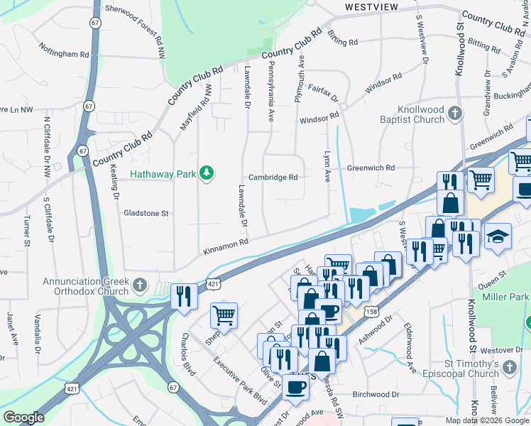 map of restaurants, bars, coffee shops, grocery stores, and more near 471 Pennsylvania Avenue in Winston-Salem