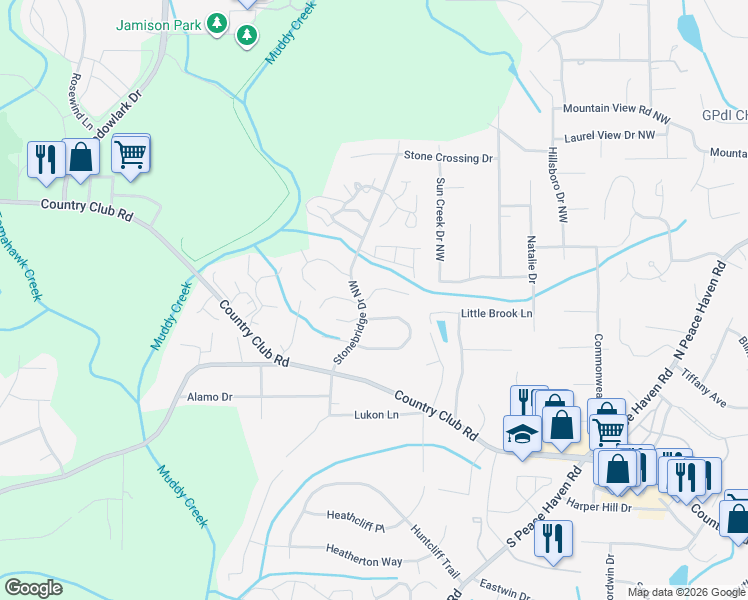 map of restaurants, bars, coffee shops, grocery stores, and more near 515 Rock Cliff Court in Winston-Salem