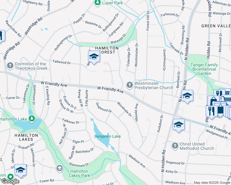 map of restaurants, bars, coffee shops, grocery stores, and more near 3919 West Friendly Avenue in Greensboro