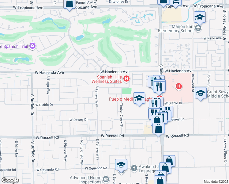 map of restaurants, bars, coffee shops, grocery stores, and more near 7236 Winding Creek Drive in Las Vegas