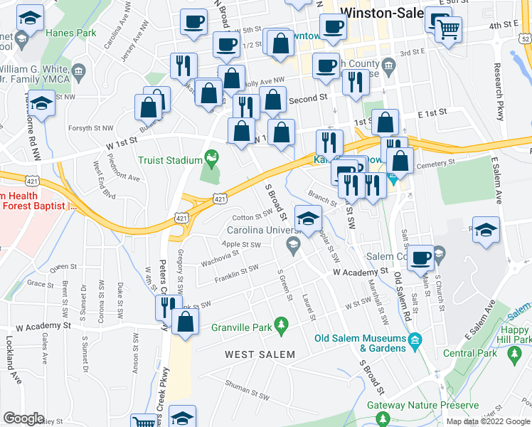 map of restaurants, bars, coffee shops, grocery stores, and more near Cotton Street Southwest in Winston-Salem