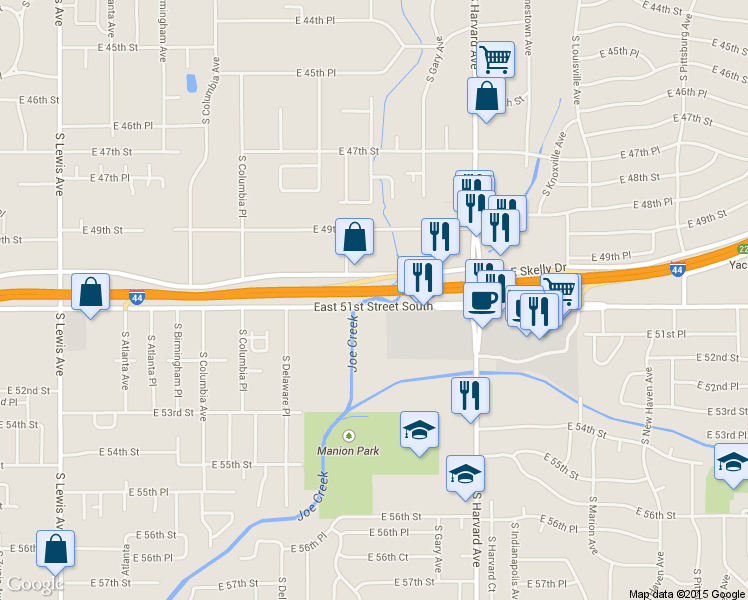 map of restaurants, bars, coffee shops, grocery stores, and more near 3003 East 51st Street in Tulsa
