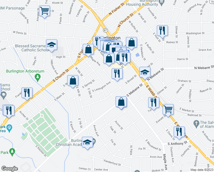 map of restaurants, bars, coffee shops, grocery stores, and more near 536 South Lexington Avenue in Burlington