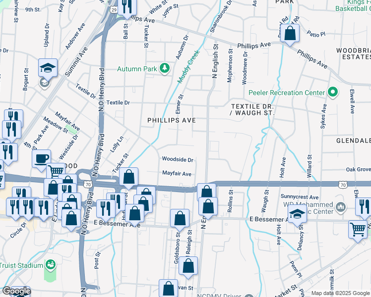 map of restaurants, bars, coffee shops, grocery stores, and more near 1922 Taylor Street in Greensboro